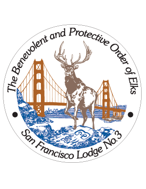 An Elk rampant standing on a hill in front of the Golden Gate Bridge with a stylized image of San Francisco behind. Inscribed on the hill is "Lodge No. 3"