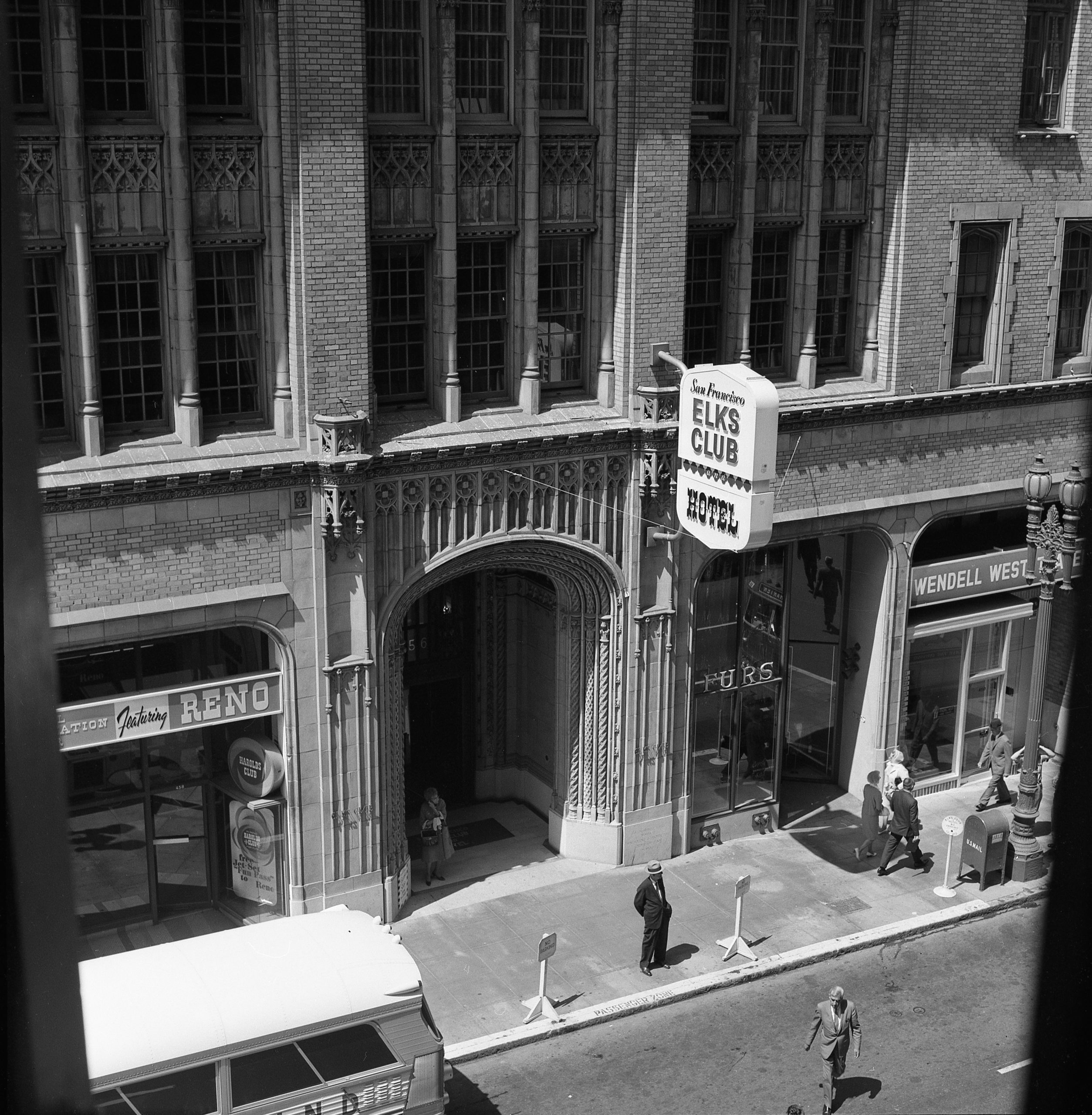 A view of the front of San Francisco Lodge No. 3 of the Benevolent and Protective Order of Elks at 450 Post Street.  The photograph, taken circa 1970, shows a sign with the words "San Francisco Elks Club Hotel"